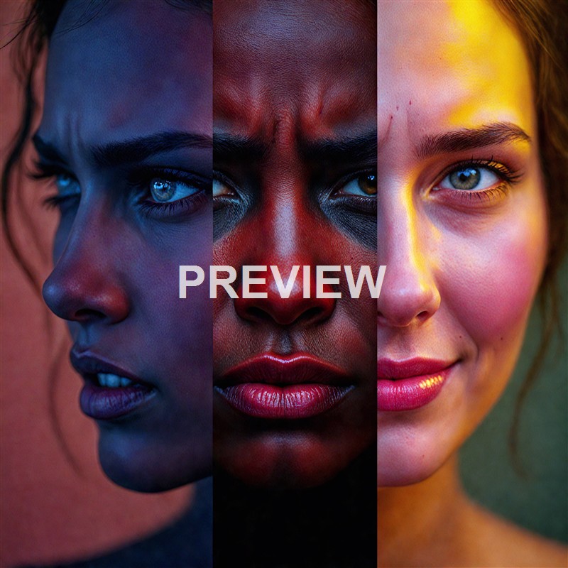 A composite image of three women’s faces, each with different skin tones and makeup, divided vertically with distinct lighting and color schemes, highlighting their facial features and expressions.